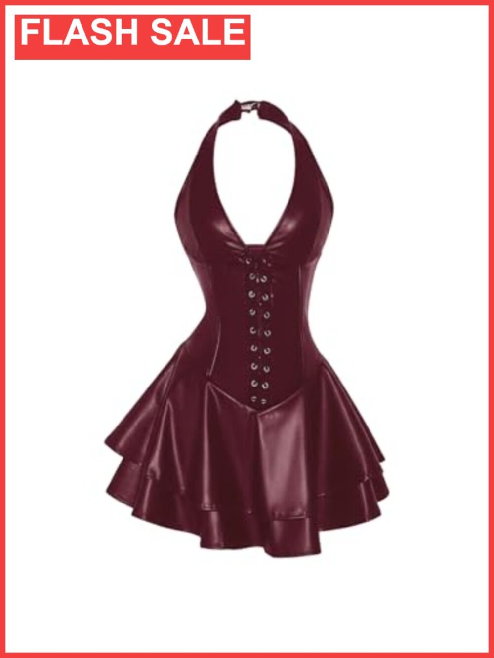 Women's PU Leather Lace Up Mini Halter Dress Sleeveless Ruffle A Line Club Dress